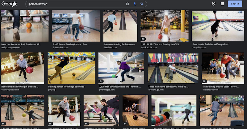 Google Image results from the search “person bowler,” predominantly featuring older, white men